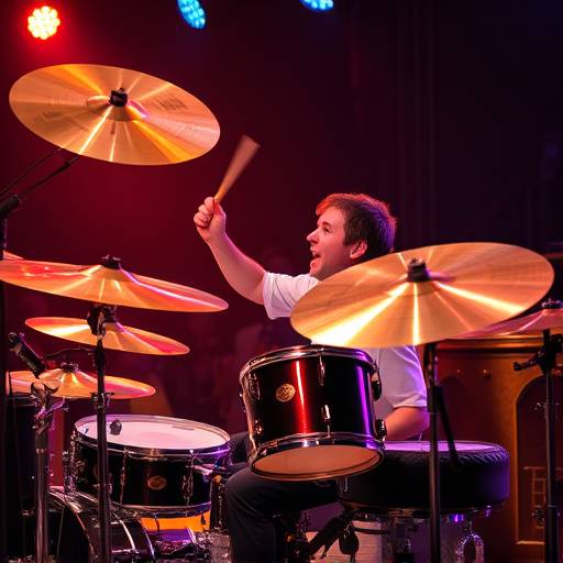 Baterista en&radic;&copy;rgico tocando una bater&radic;&ne;a con platillos relucientes durante un concierto