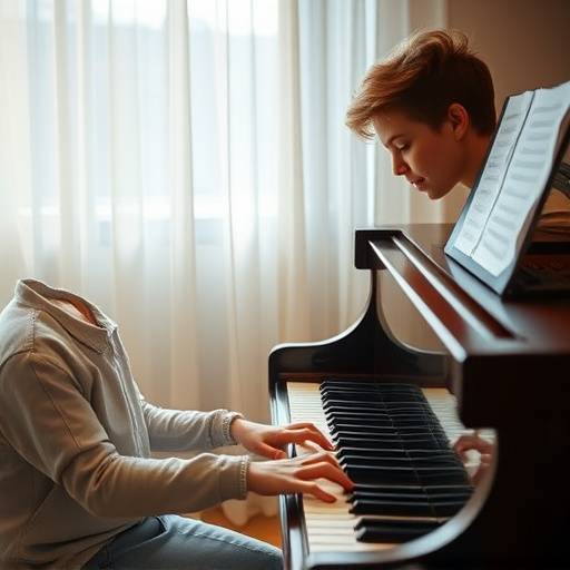 Estudiante tocando el piano con pasi&radic;&ge;n durante una lecci&radic;&ge;n