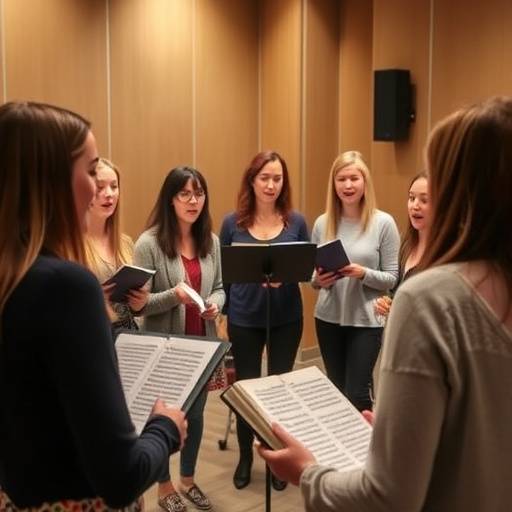 Grupo de cantantes ensayando armon&radic;&ne;as vocales con un director musical