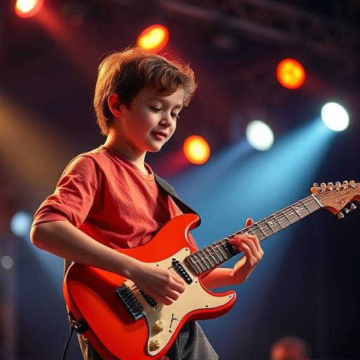 Joven tocando la guitarra el&radic;&copy;ctrica en un escenario con luces brillantes