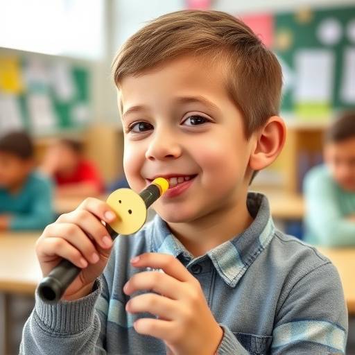 Ni&radic;&plusmn;o sonriendo mientras sopla una flauta dulce durante una clase