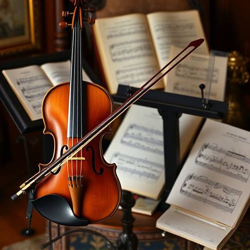 Viol&radic;&ne;n antiguo con arco apoyado sobre un atril con partituras cl&radic;&deg;sicas