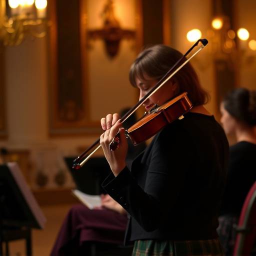 Violinista tocando un viol&radic;&ne;n con un arco en un ambiente elegante