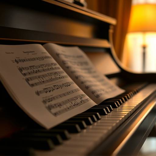 Vista cercana de un piano con partituras abiertas, listas para ser tocadas